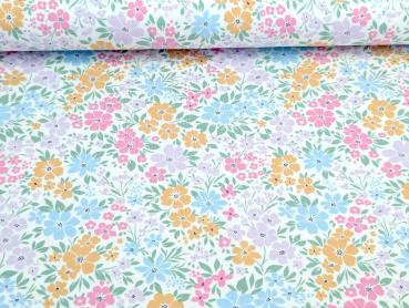 Baumwolljersey Pastell Blumenwiese Cremeweiss